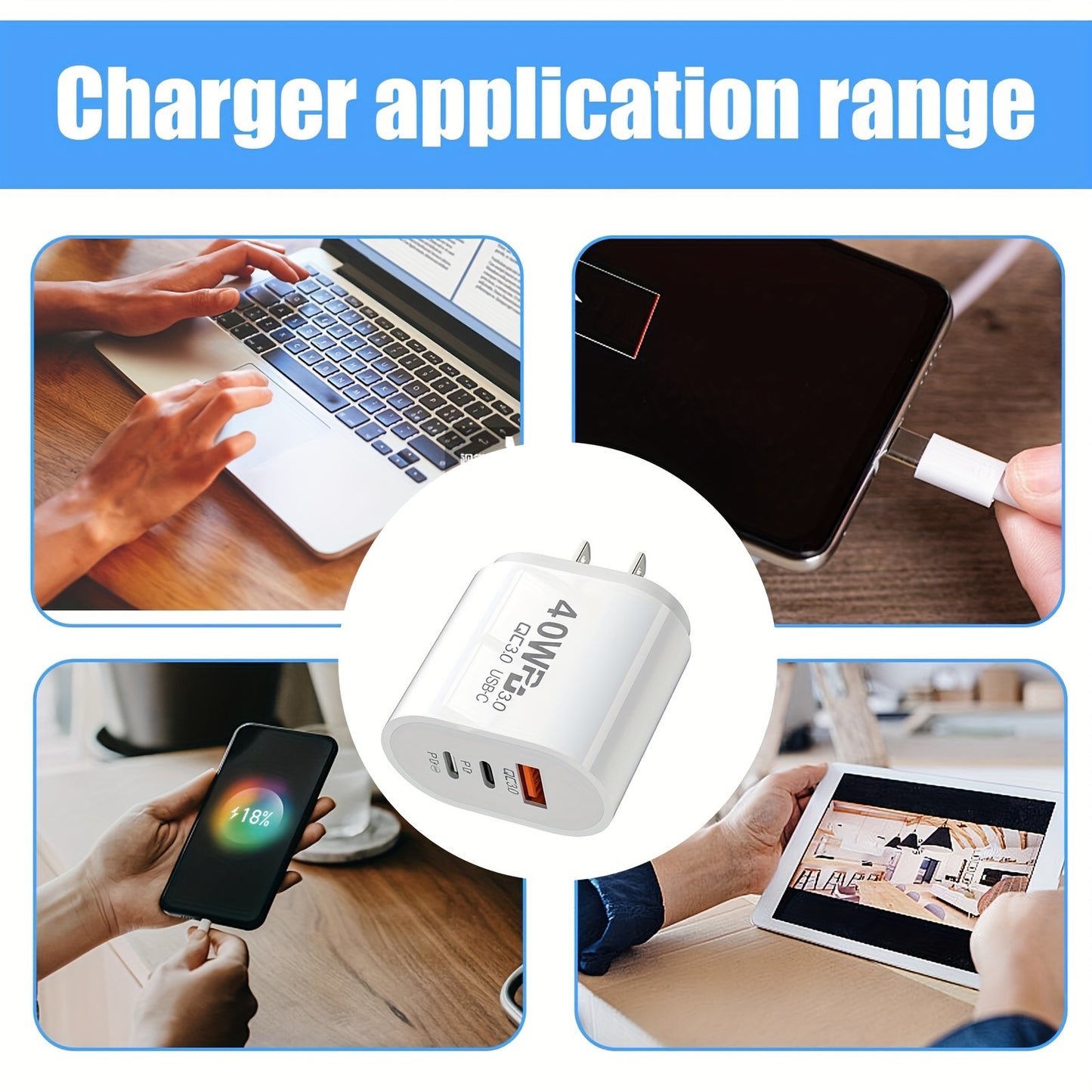 40W , 2- USB C Wall Charger, and 1- 3.0 Power Adapter, Power Up To 3 Devices Simultaneously,