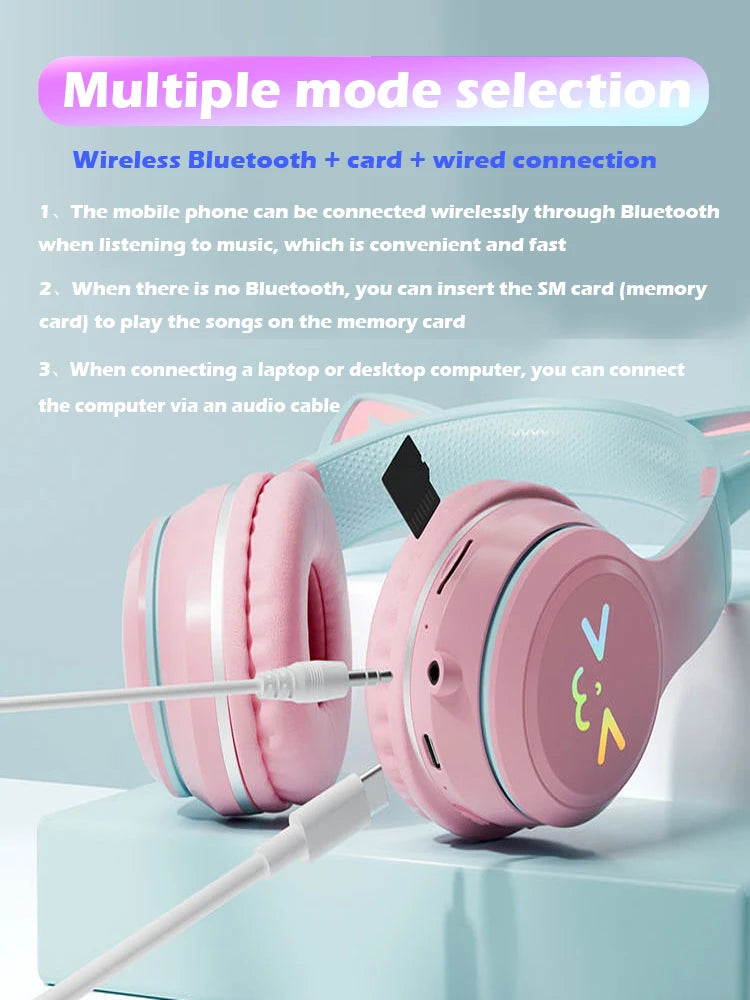 Cat's Ear Bluetooth Headsets  Wireless Headphones Mic Foldable Gaming Supports