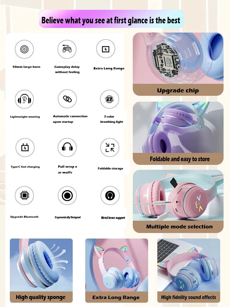 Cat's Ear Bluetooth Headsets  Wireless Headphones Mic Foldable Gaming Supports