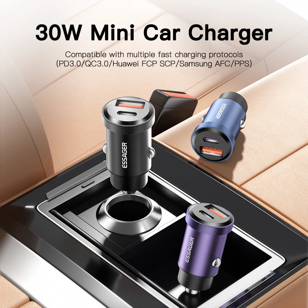 Essager 30W USB Car Charger Quick Charge4.0 QC PD 3.0 SCP 5A USB Type C Car Fast Charging For iPhone 14 13 Huawei Samsung Xiaomi