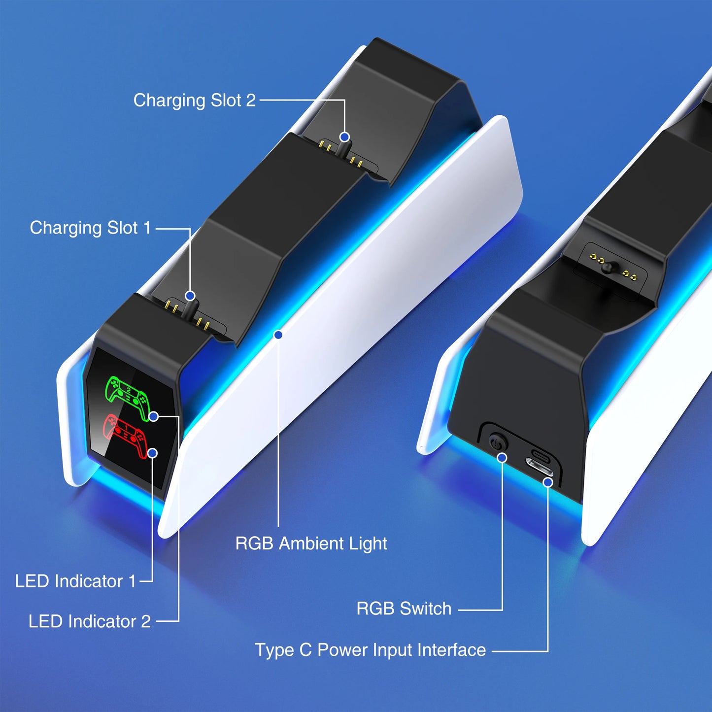 BEBONCOOL FC300 RGB Controller Charging Station For PlayStation 5 Dual Fast Charger LED Indicator Charging Stand For PS5 Gamepad